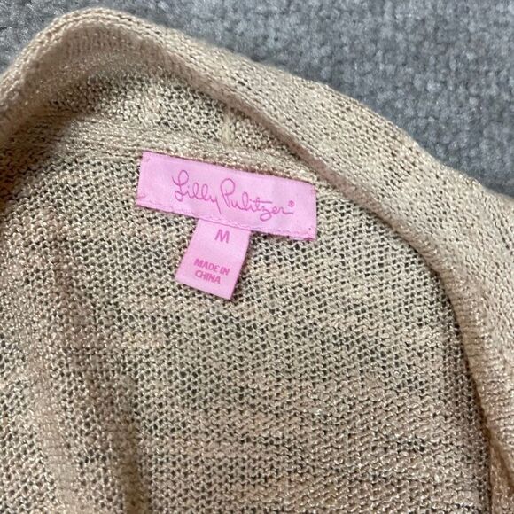 Lilly Pulitzer Womens Medium Lucita Open Front Cardigan Sweater Tan Fringe Trim - Picture 3 of 4